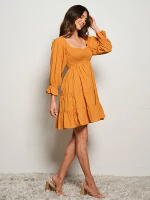 WOMEN'S LONG SLEEVE SMOCK TIERED SWISS DOT MINI DRESS