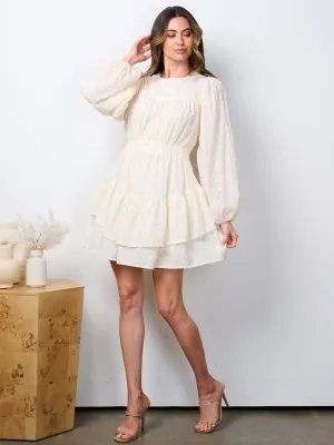 WOMEN'S LONG SLEEVE SMOCK WAIST EYELET MINI DRESS