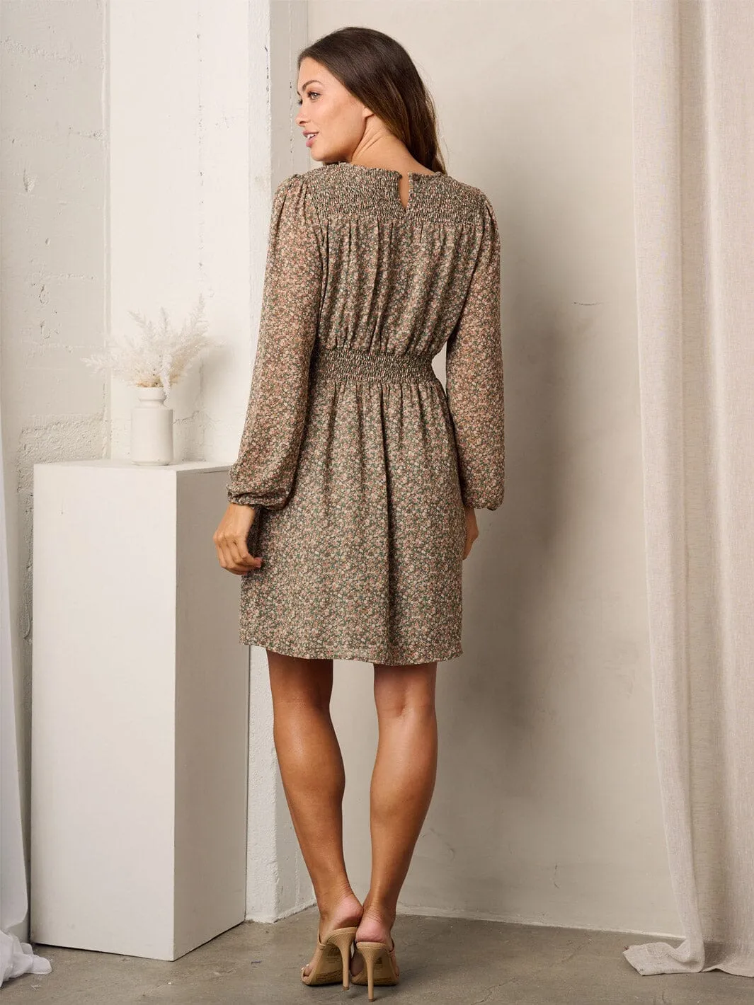 WOMEN'S LONG SLEEVE SMOCK WAIST FLORAL MINI DRESS