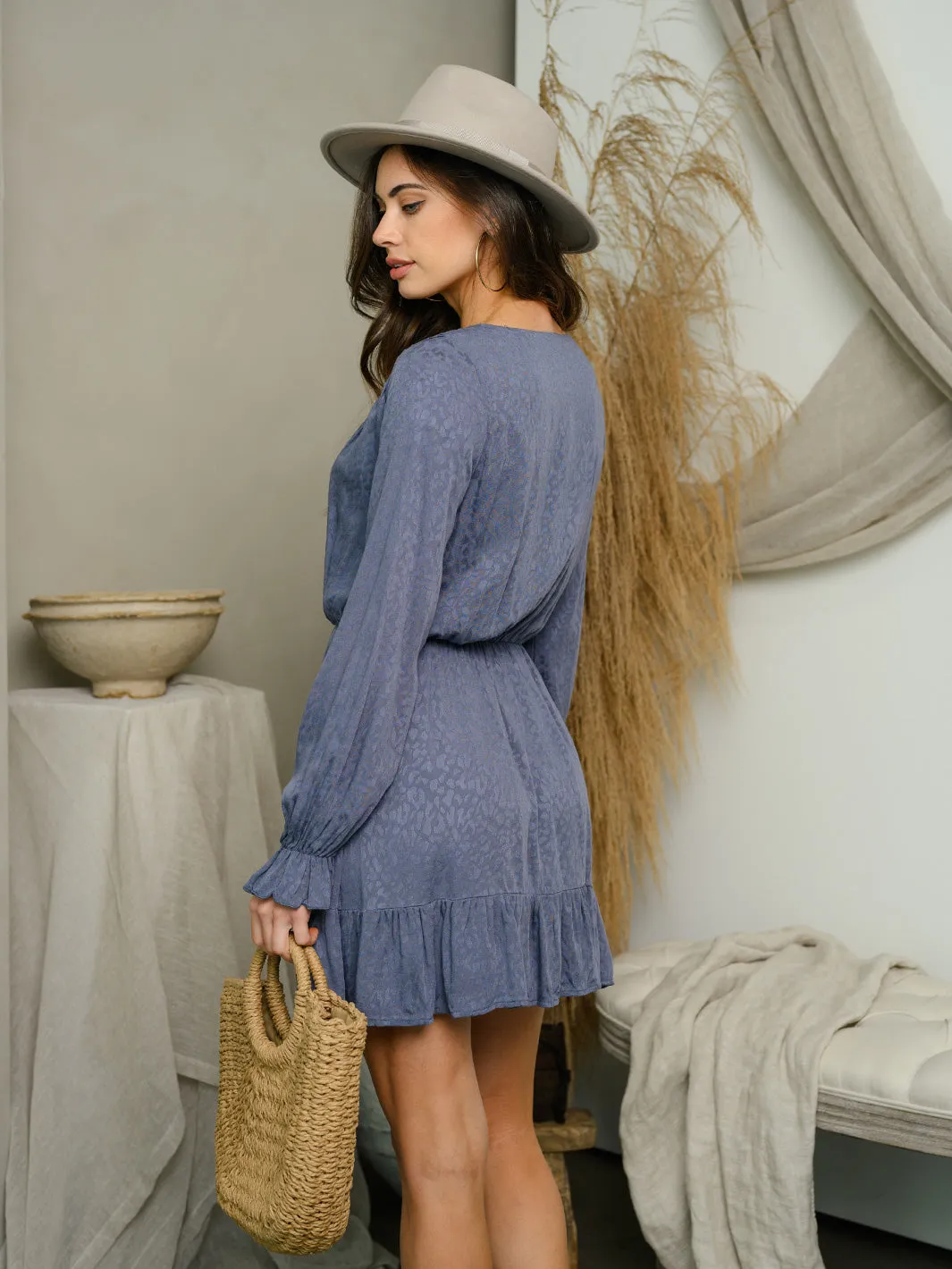 WOMEN'S LONG SLEEVE SMOCK WAIST MINI DRESS