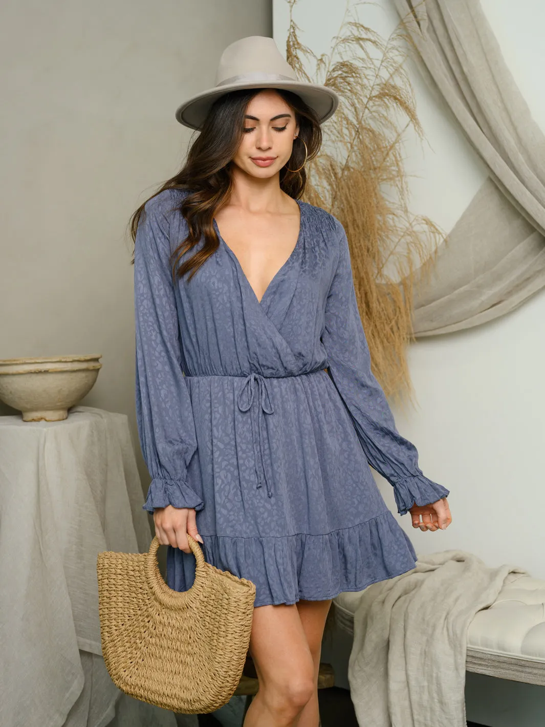 WOMEN'S LONG SLEEVE SMOCK WAIST MINI DRESS