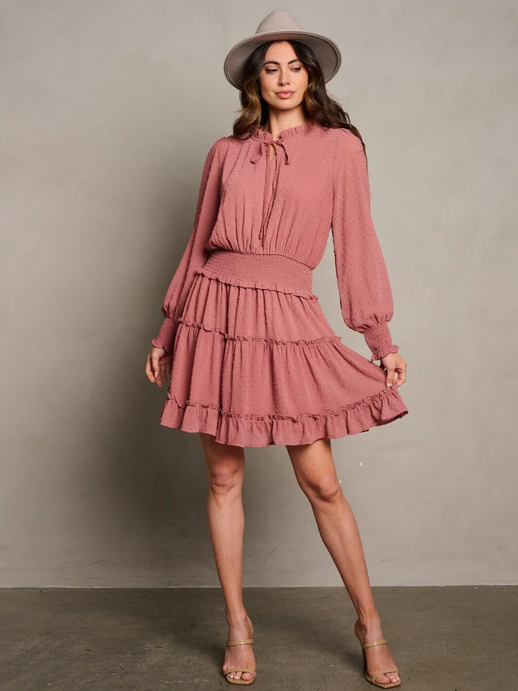 WOMEN'S LONG SLEEVE SMOCK WAIST TIERED SWISS DOTS MINI DRESS