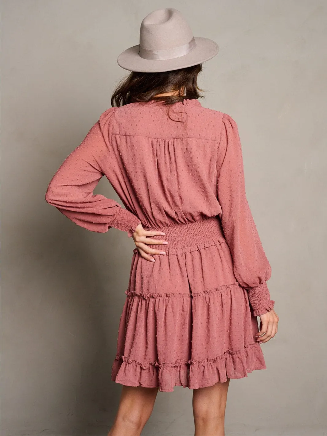 WOMEN'S LONG SLEEVE SMOCK WAIST TIERED SWISS DOTS MINI DRESS