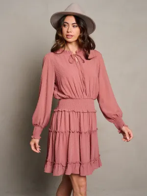 WOMEN'S LONG SLEEVE SMOCK WAIST TIERED SWISS DOTS MINI DRESS