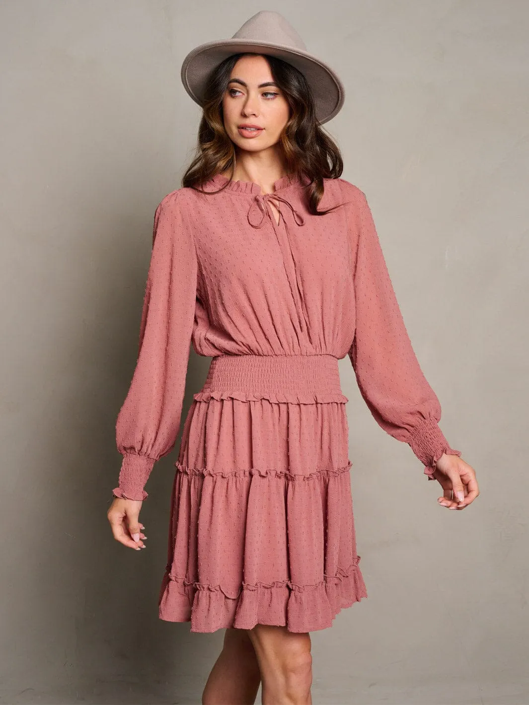 WOMEN'S LONG SLEEVE SMOCK WAIST TIERED SWISS DOTS MINI DRESS