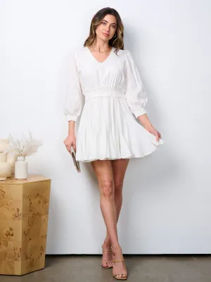 WOMEN'S LONG SLEEVE SMOCK WAIST V-NECK MINI DRESS