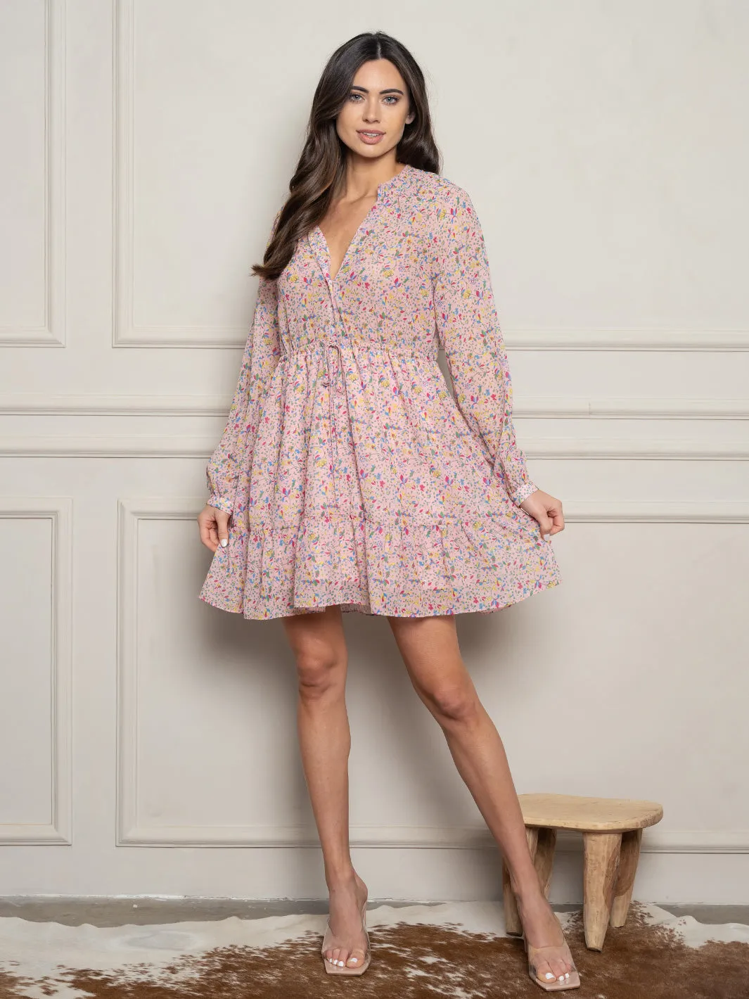 WOMEN'S LONG SLEEVE SMOCKED NECK FLORAL MINI DRESS