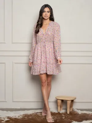 WOMEN'S LONG SLEEVE SMOCKED NECK FLORAL MINI DRESS