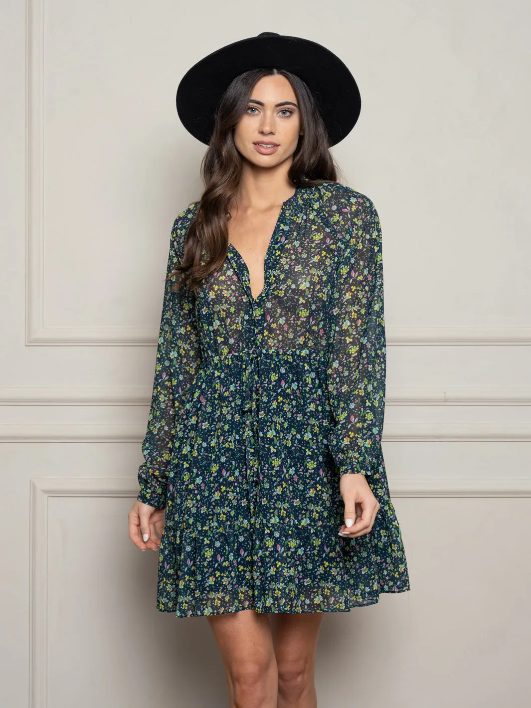 WOMEN'S LONG SLEEVE SMOCKED NECK FLORAL MINI DRESS