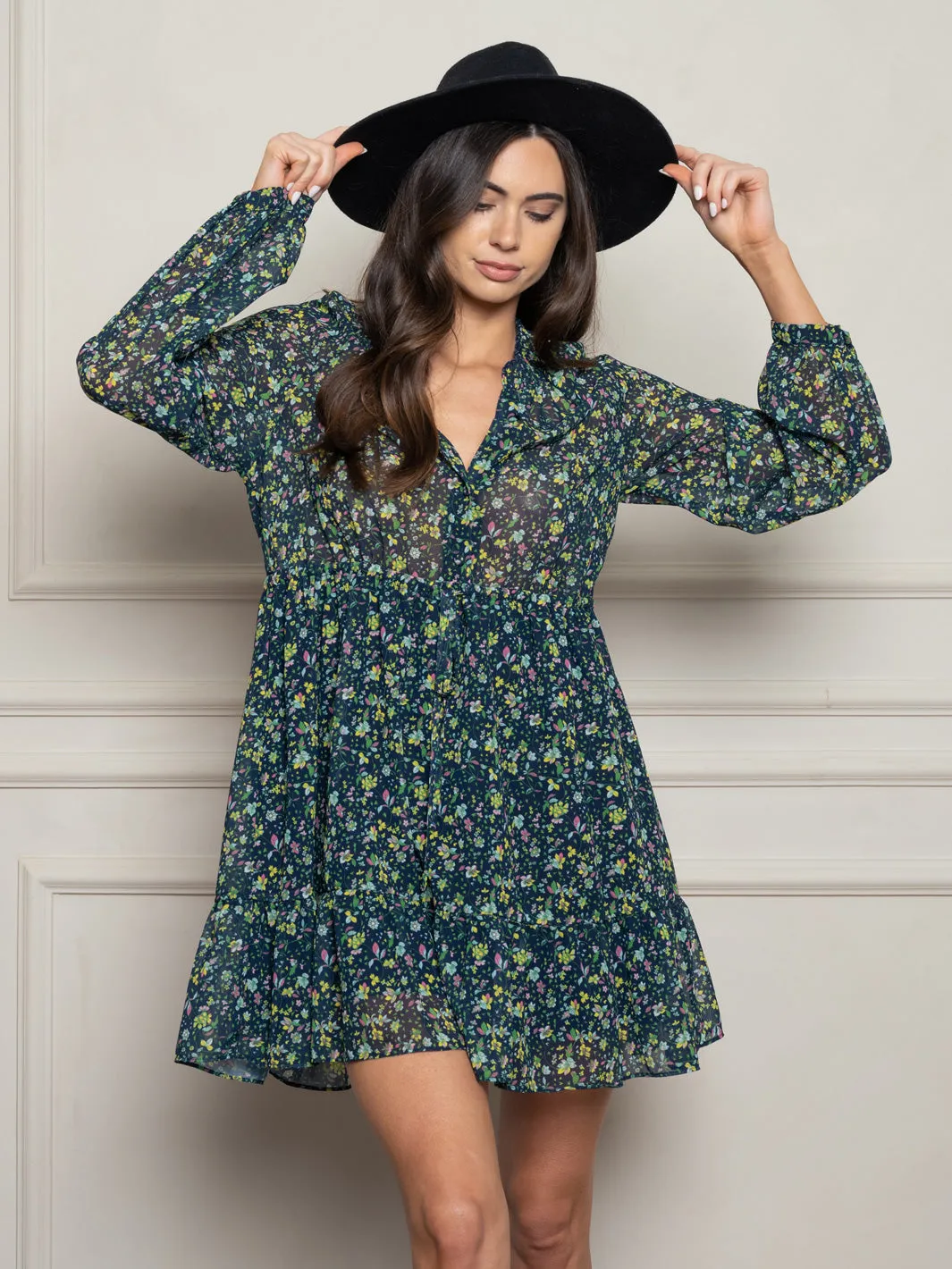 WOMEN'S LONG SLEEVE SMOCKED NECK FLORAL MINI DRESS