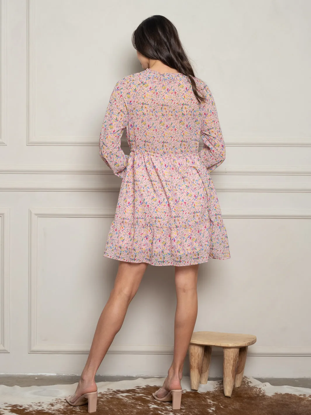 WOMEN'S LONG SLEEVE SMOCKED NECK FLORAL MINI DRESS