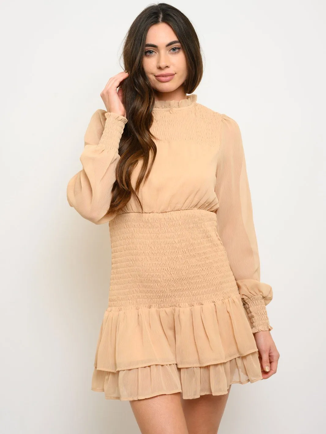 WOMEN'S LONG SLEEVE SMOCKED RUFFLE MINI DRESS