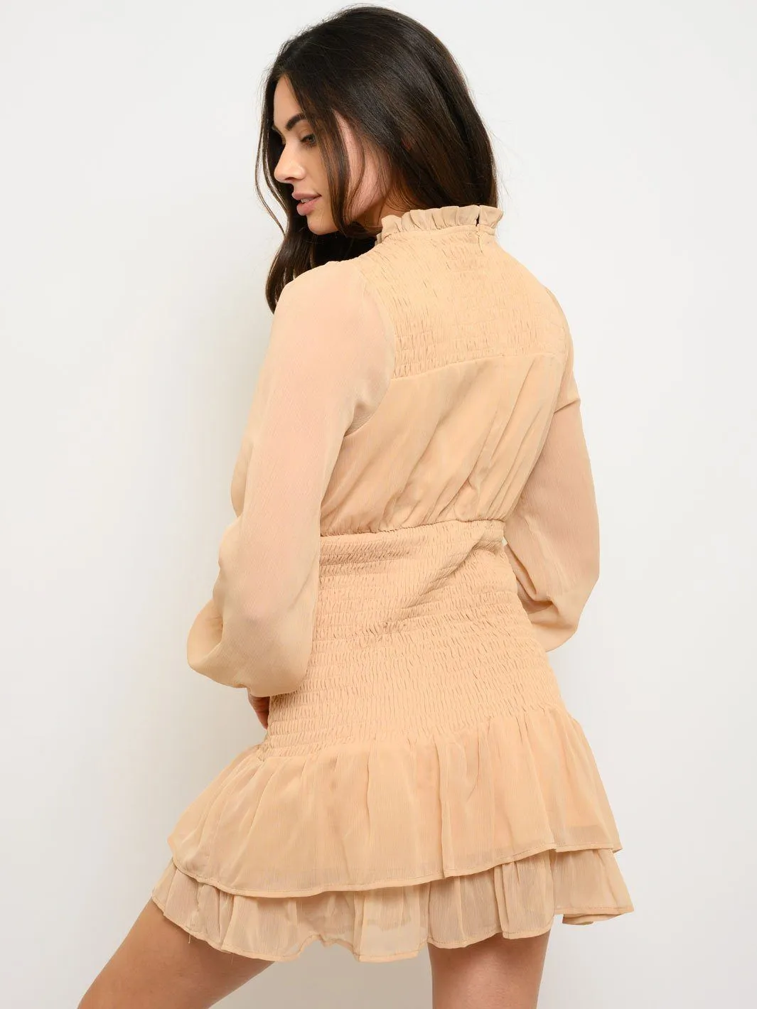 WOMEN'S LONG SLEEVE SMOCKED RUFFLE MINI DRESS