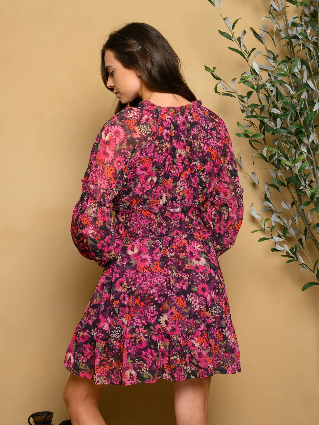 WOMEN'S LONG SLEEVE SMOCKED WAIST FLORAL MINI DRESS