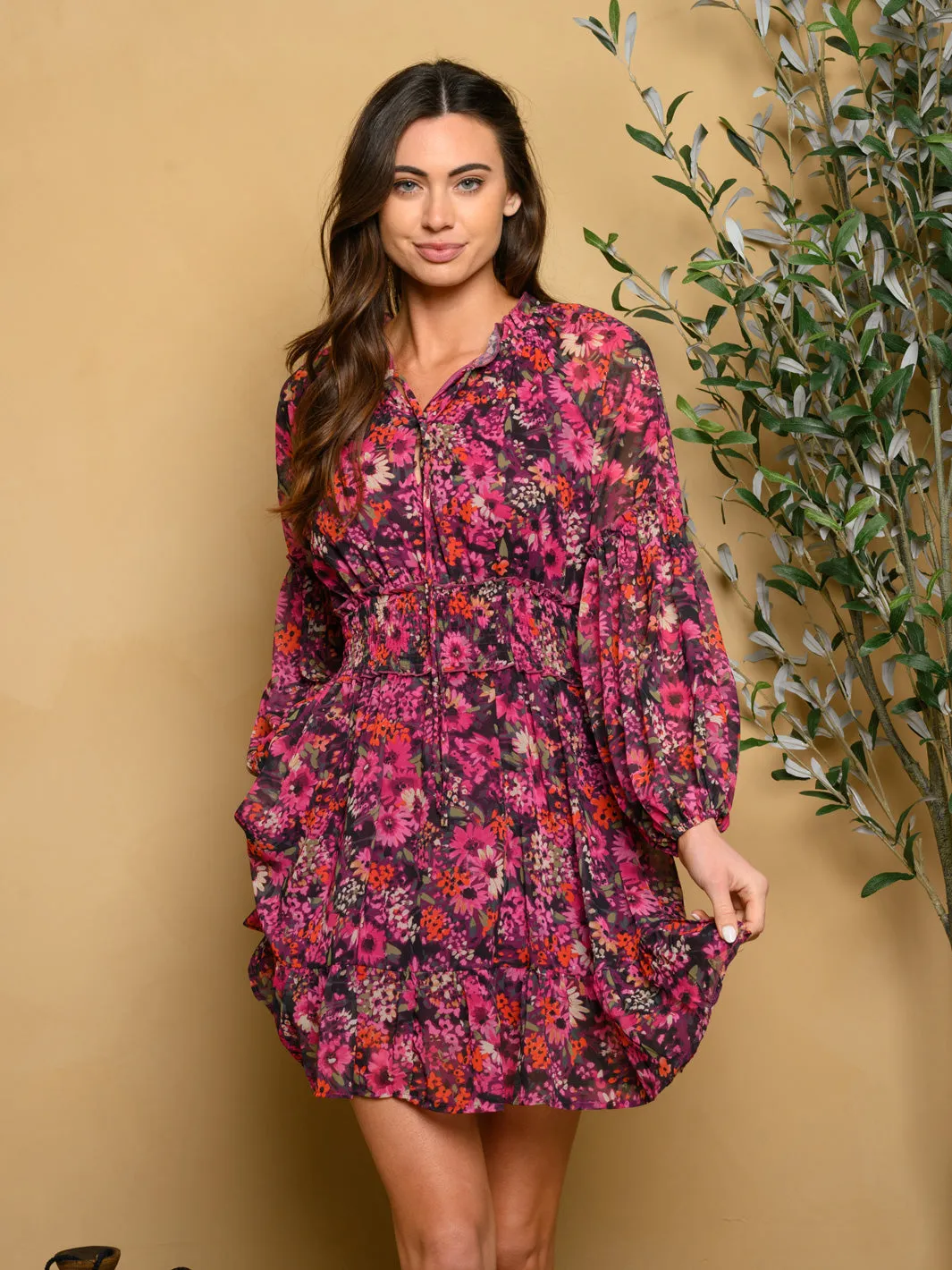 WOMEN'S LONG SLEEVE SMOCKED WAIST FLORAL MINI DRESS