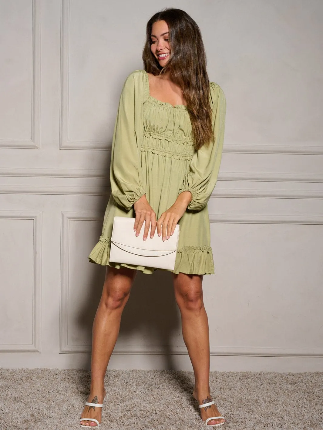 WOMEN'S LONG SLEEVE SQUARE NECK RUCHED RUFFLE MINI DRESS