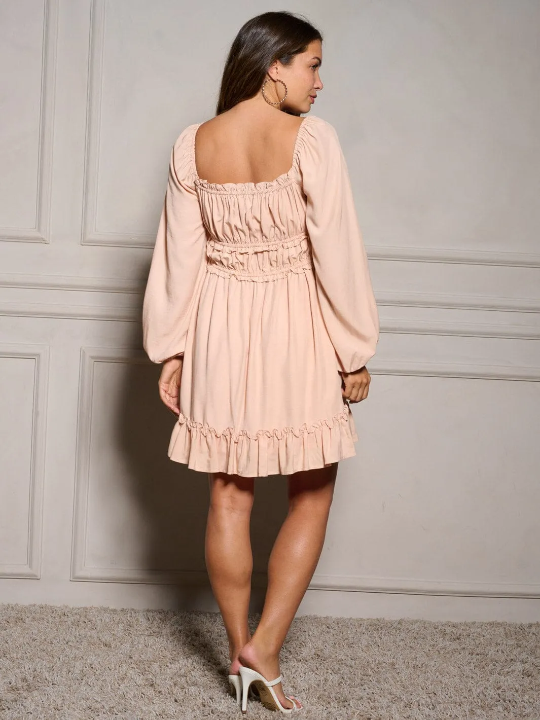 WOMEN'S LONG SLEEVE SQUARE NECK RUCHED RUFFLE MINI DRESS