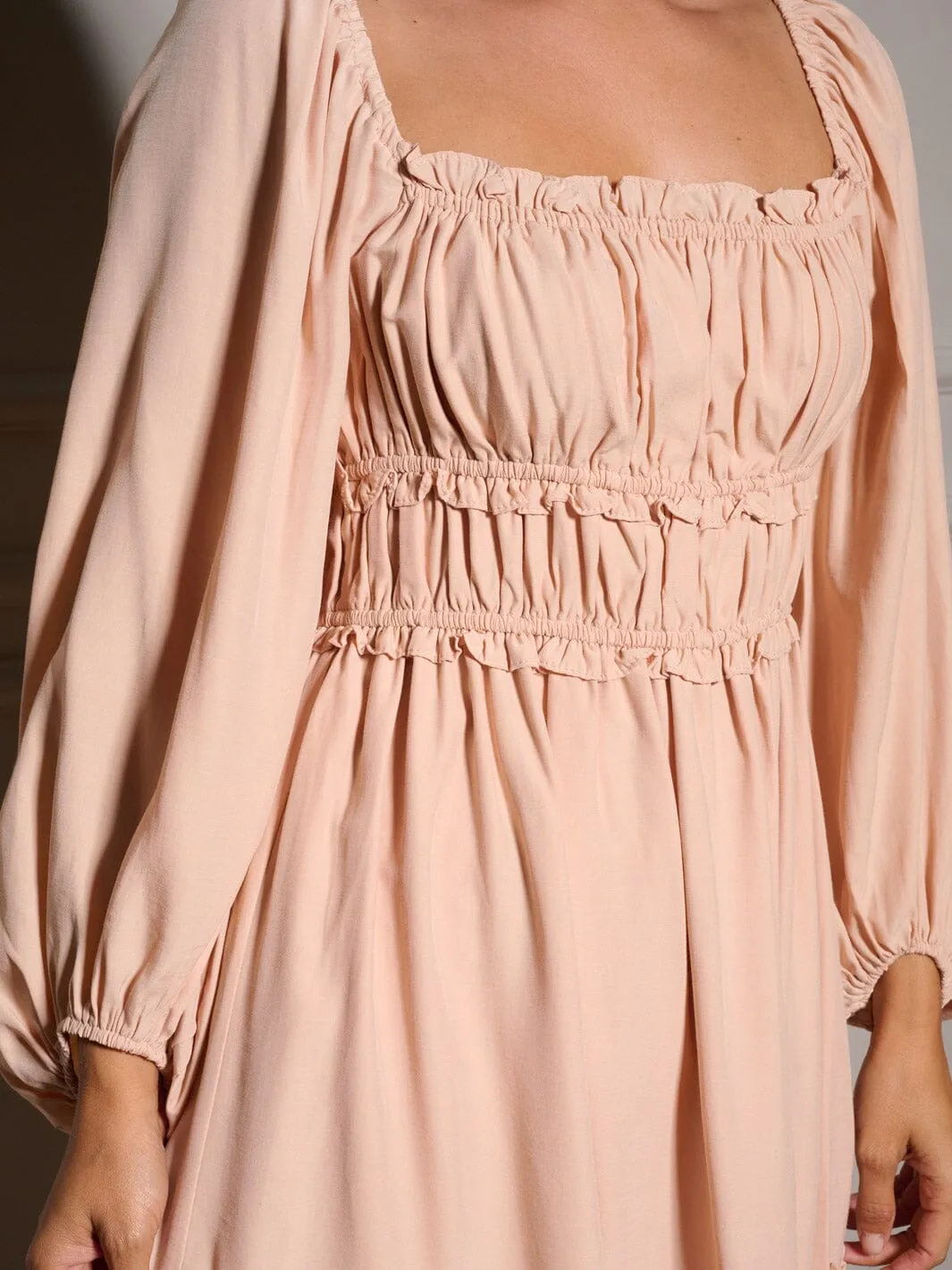 WOMEN'S LONG SLEEVE SQUARE NECK RUCHED RUFFLE MINI DRESS