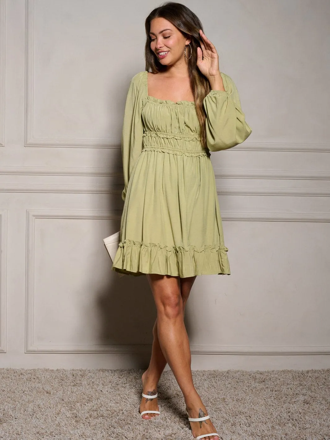 WOMEN'S LONG SLEEVE SQUARE NECK RUCHED RUFFLE MINI DRESS