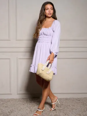 WOMEN'S LONG SLEEVE SQUARE NECK RUCHED RUFFLE MINI DRESS