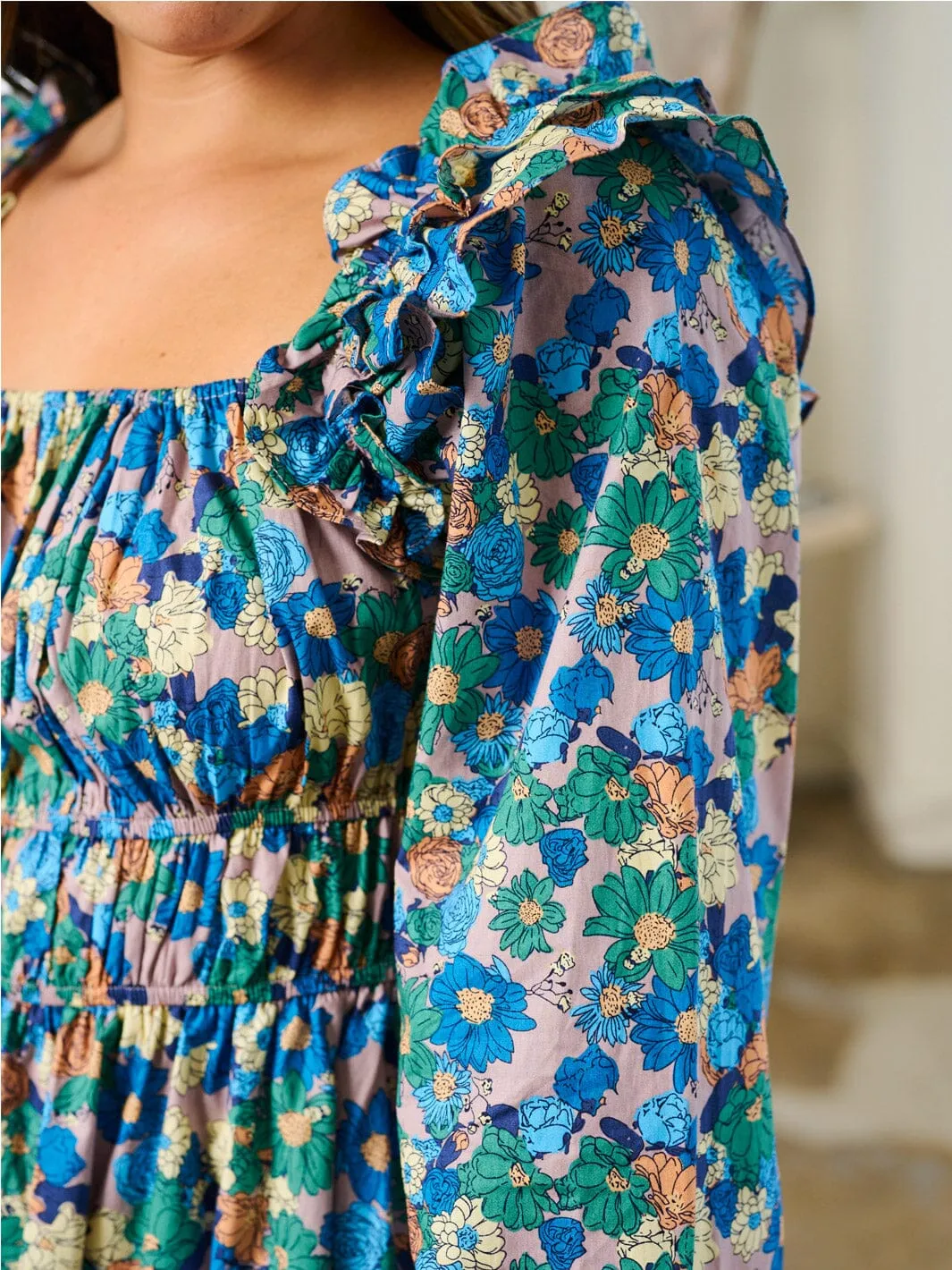 WOMEN'S LONG SLEEVE SQUARE NECK SMOCK FLORAL MINI DRESS
