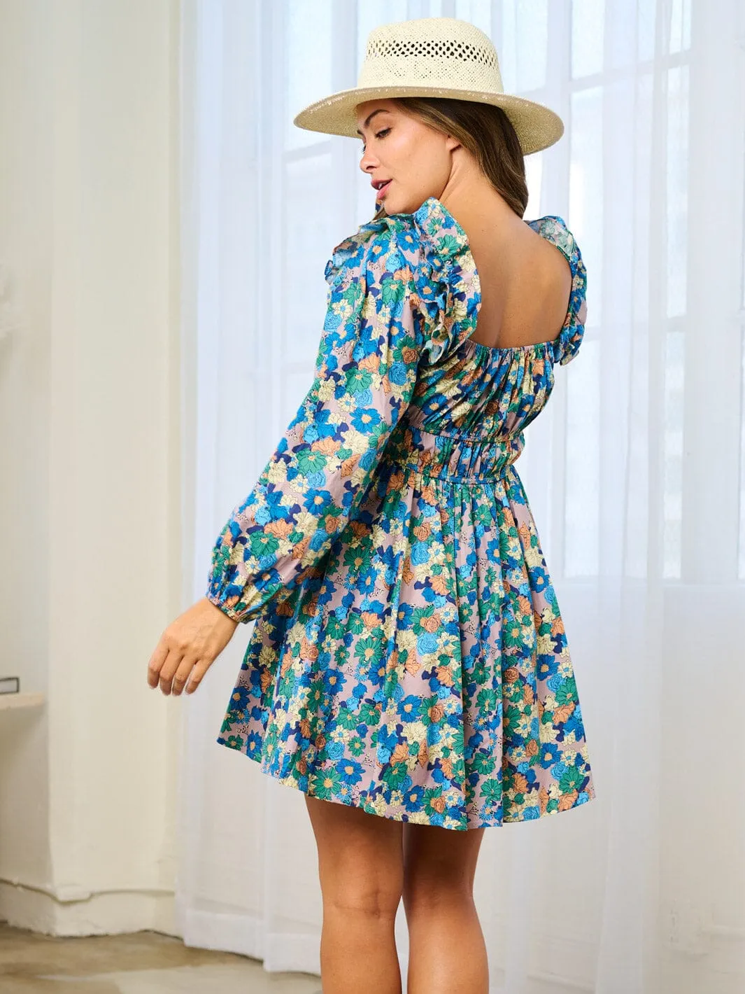 WOMEN'S LONG SLEEVE SQUARE NECK SMOCK FLORAL MINI DRESS