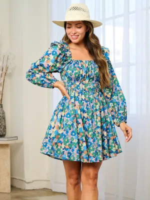WOMEN'S LONG SLEEVE SQUARE NECK SMOCK FLORAL MINI DRESS