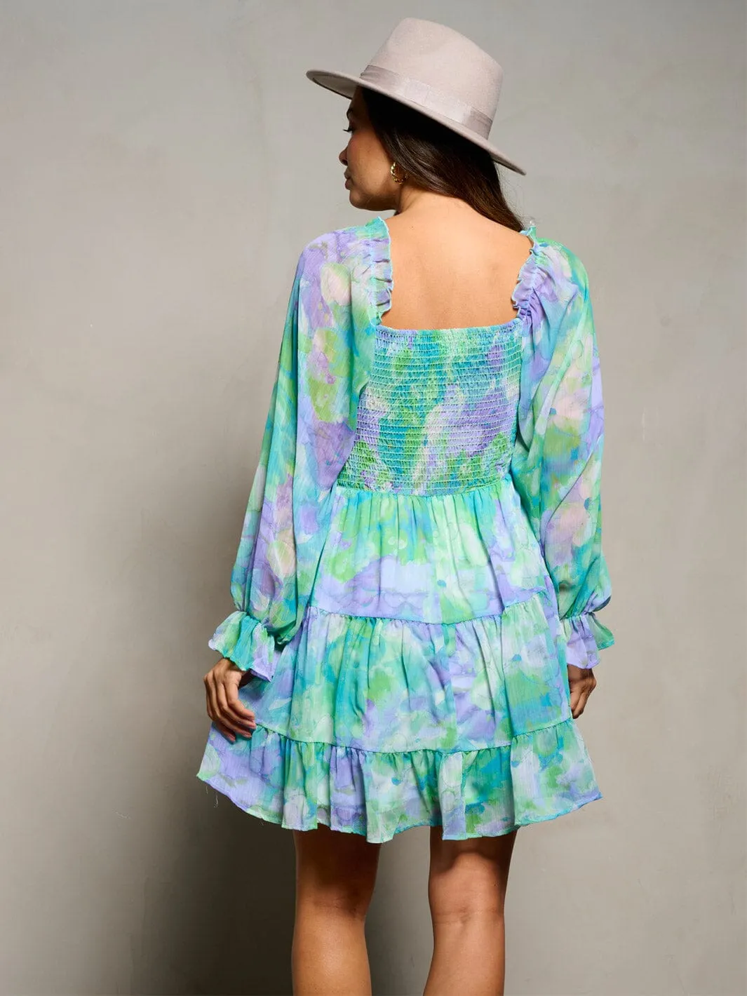 WOMEN'S LONG SLEEVE SQUARE NECK SMOCK TIERED FLORAL MINI DRESS