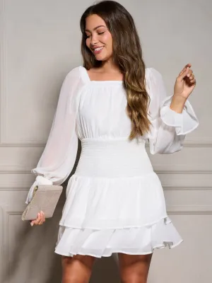 WOMEN'S LONG SLEEVE SQUARE NECK SMOCK TIERED RUFFLE  MINI DRESS