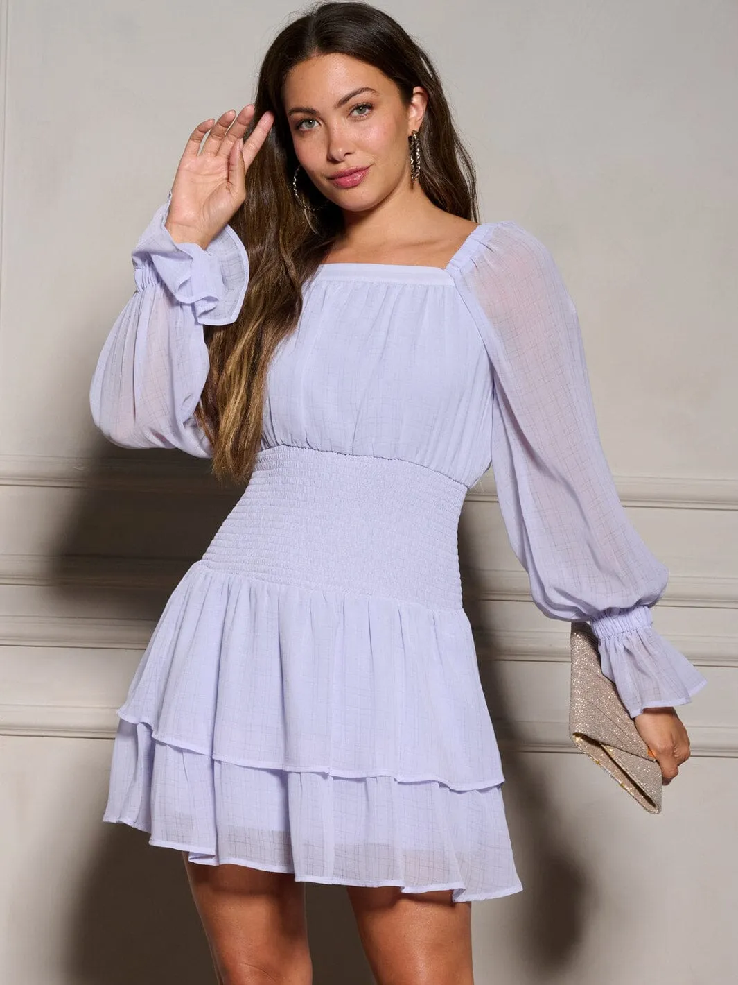 WOMEN'S LONG SLEEVE SQUARE NECK SMOCK TIERED RUFFLE  MINI DRESS