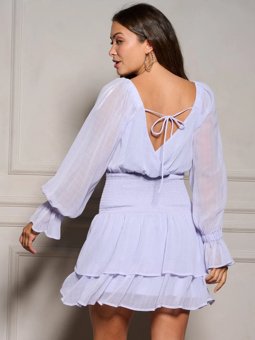 WOMEN'S LONG SLEEVE SQUARE NECK SMOCK TIERED RUFFLE  MINI DRESS