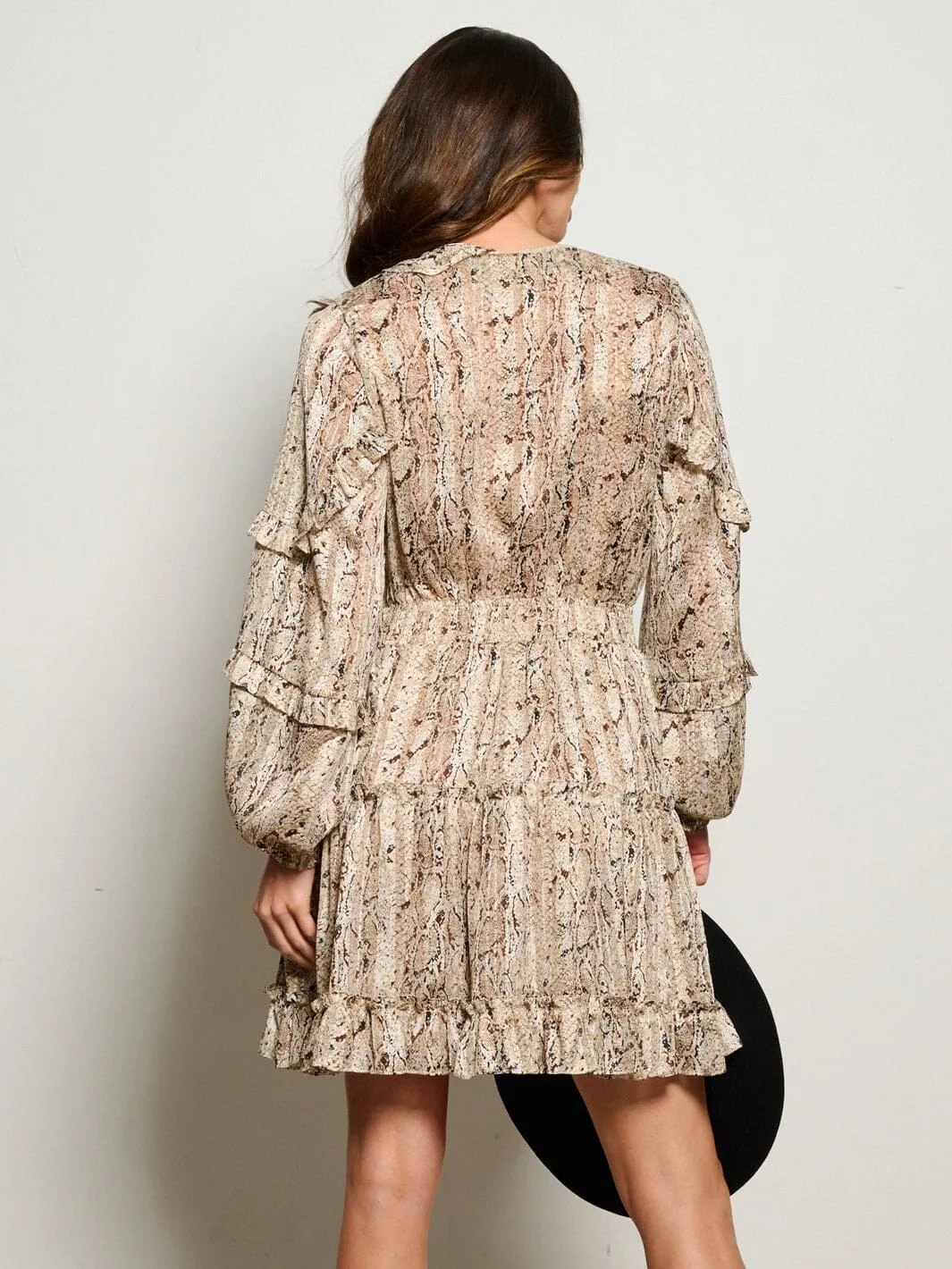 WOMEN'S LONG SLEEVE SURPLICE SMOCK WAIST ANIMAL PRINT MINI DRESS