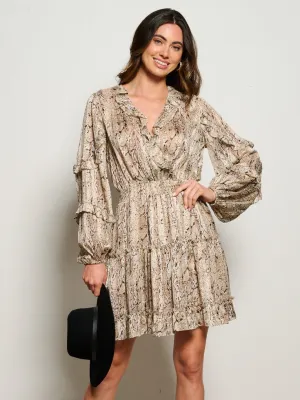 WOMEN'S LONG SLEEVE SURPLICE SMOCK WAIST ANIMAL PRINT MINI DRESS