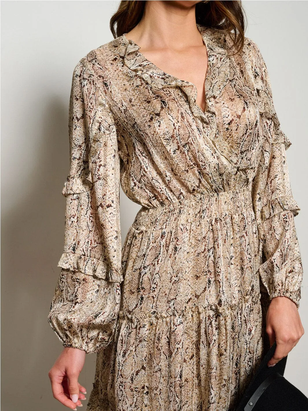 WOMEN'S LONG SLEEVE SURPLICE SMOCK WAIST ANIMAL PRINT MINI DRESS