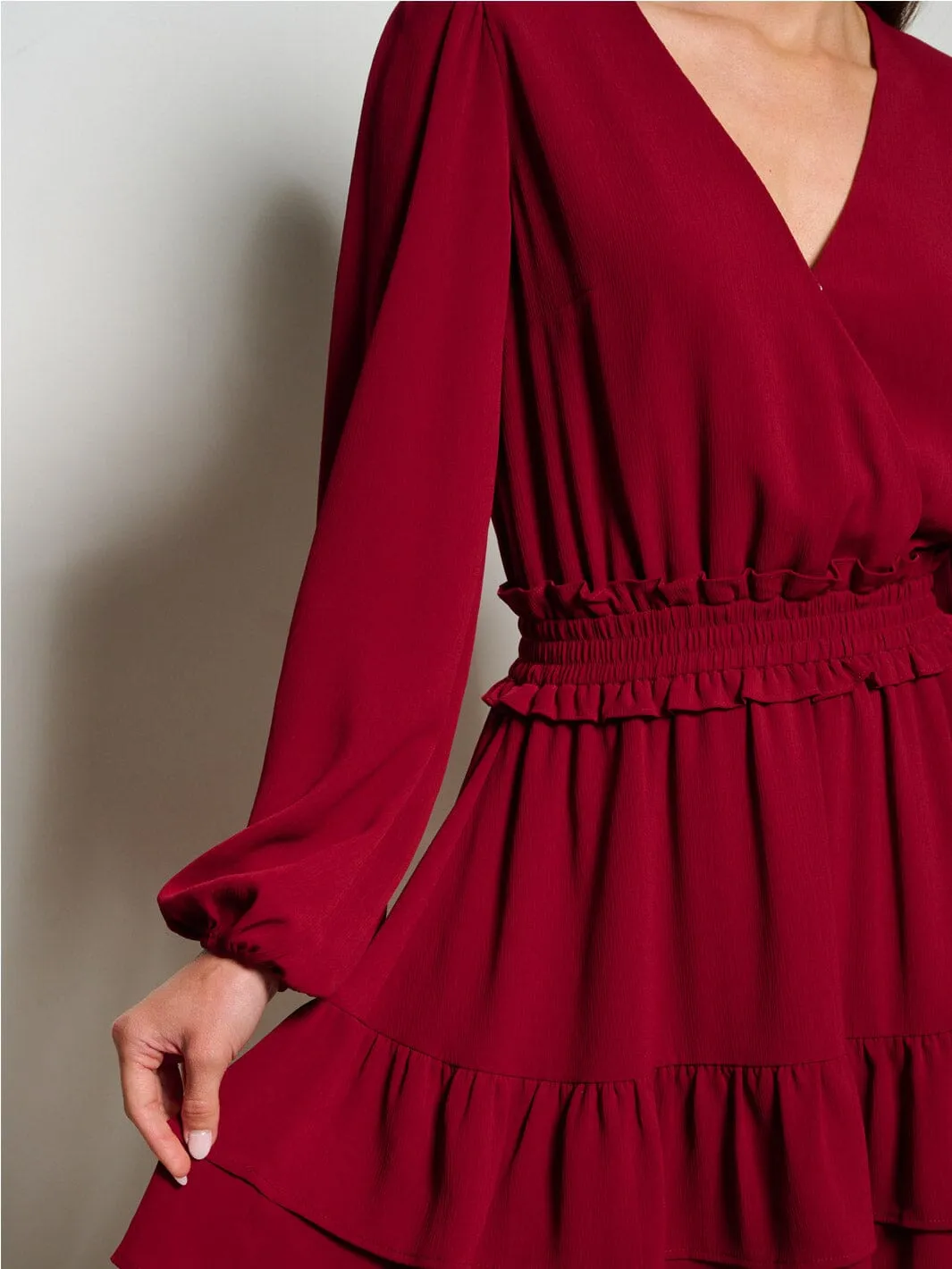 WOMEN'S LONG SLEEVE SURPLICE SMOCK WAIST MINI DRESS
