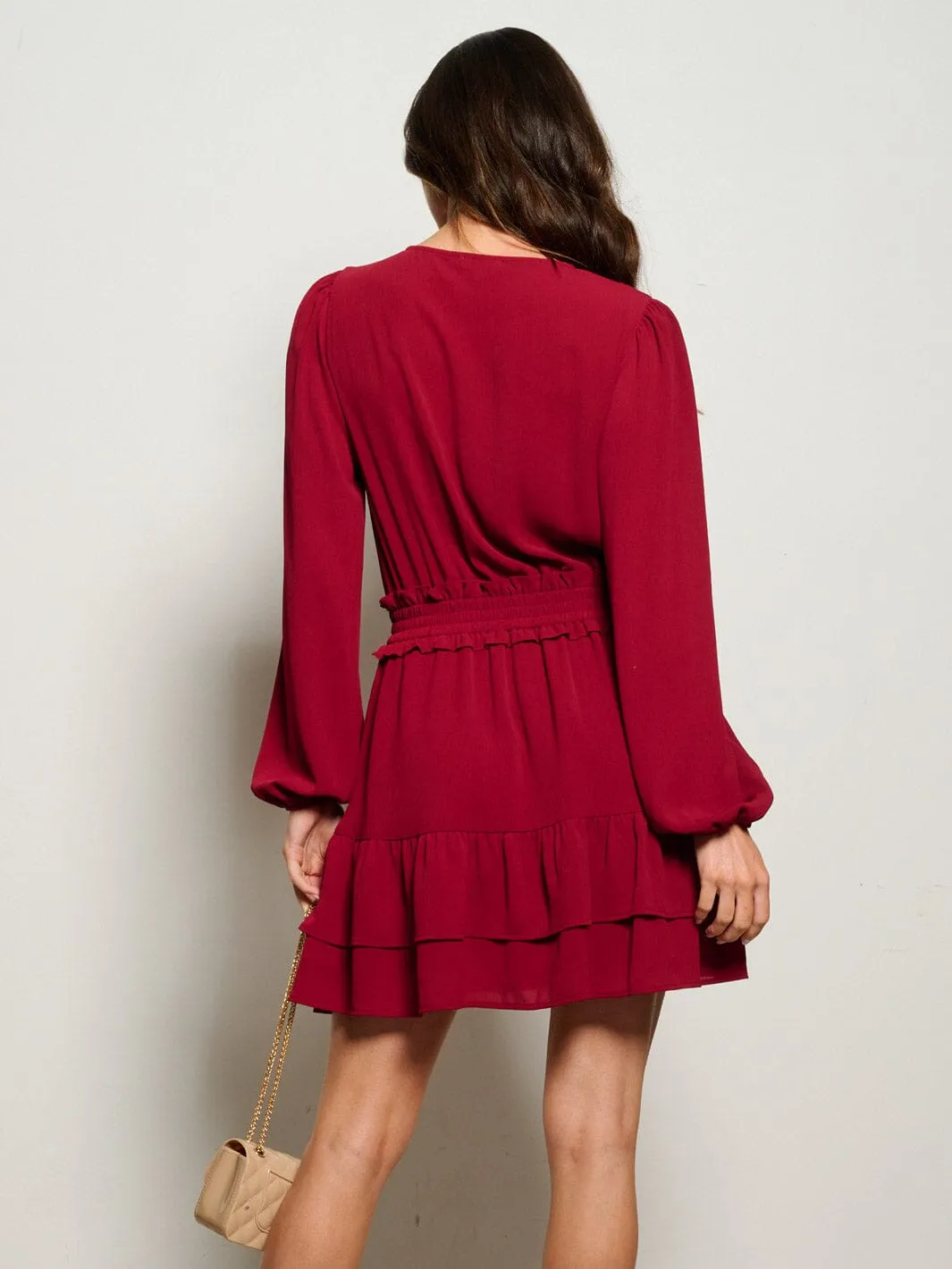 WOMEN'S LONG SLEEVE SURPLICE SMOCK WAIST MINI DRESS