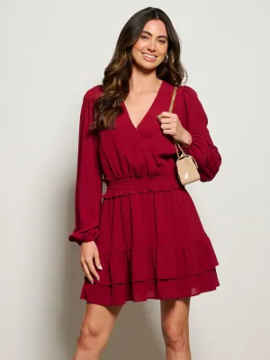 WOMEN'S LONG SLEEVE SURPLICE SMOCK WAIST MINI DRESS