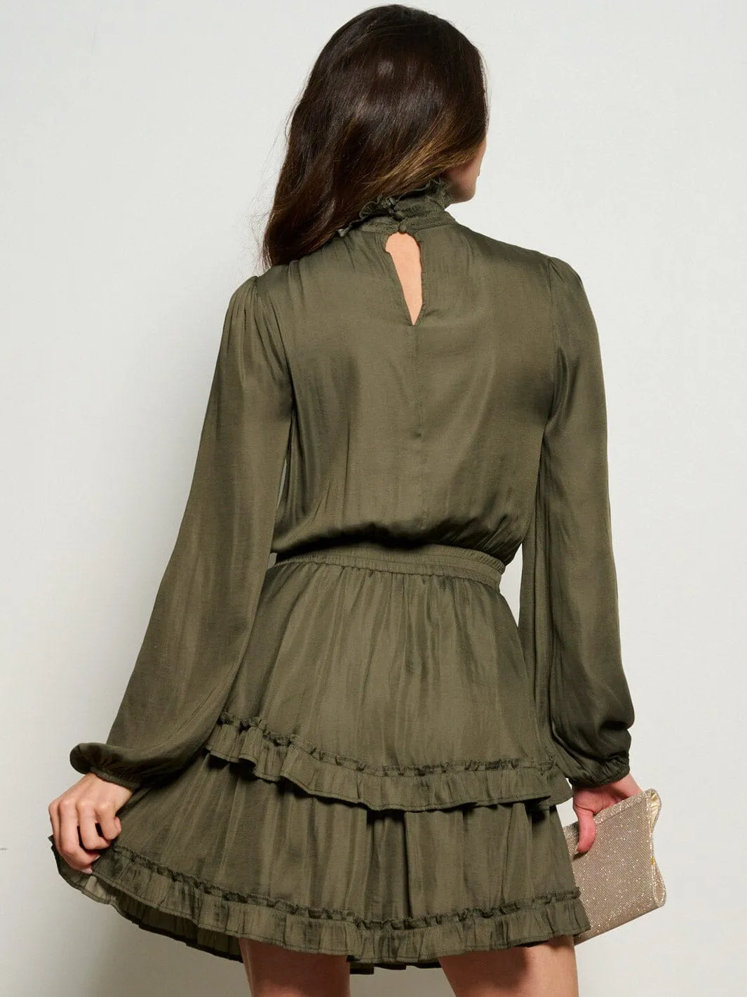 WOMEN'S LONG SLEEVE TURTLE NECK SMOCK WAIST RUFFLE  MINI DRESS