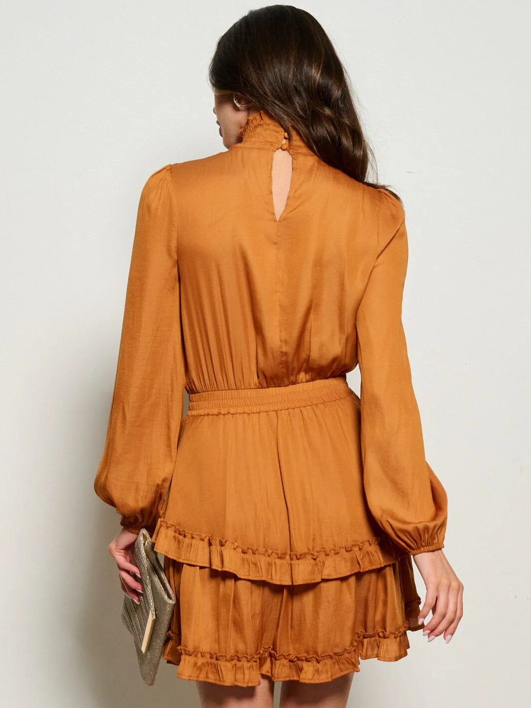 WOMEN'S LONG SLEEVE TURTLE NECK SMOCK WAIST RUFFLE  MINI DRESS