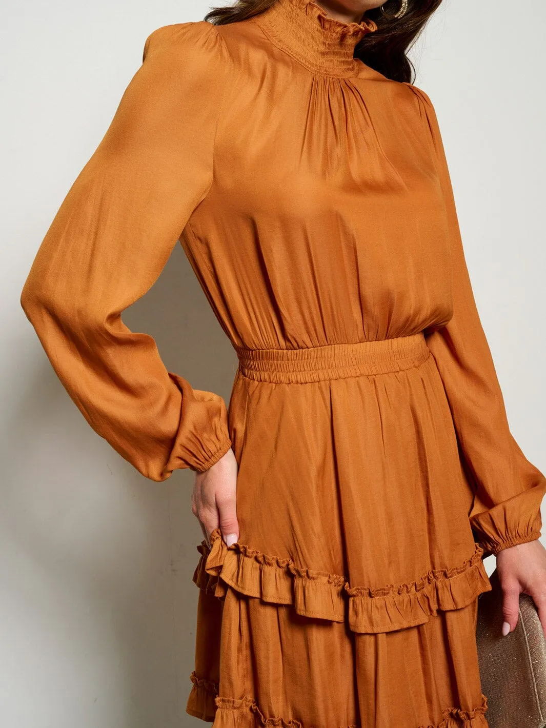 WOMEN'S LONG SLEEVE TURTLE NECK SMOCK WAIST RUFFLE  MINI DRESS
