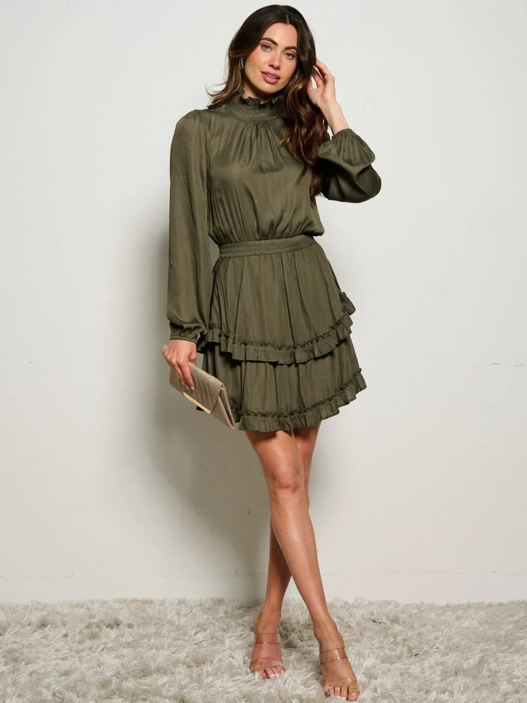 WOMEN'S LONG SLEEVE TURTLE NECK SMOCK WAIST RUFFLE  MINI DRESS