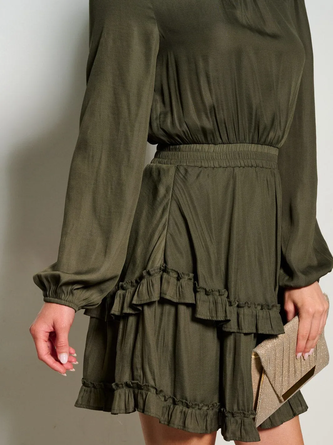WOMEN'S LONG SLEEVE TURTLE NECK SMOCK WAIST RUFFLE  MINI DRESS