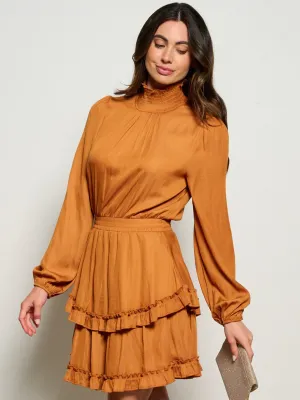 WOMEN'S LONG SLEEVE TURTLE NECK SMOCK WAIST RUFFLE  MINI DRESS
