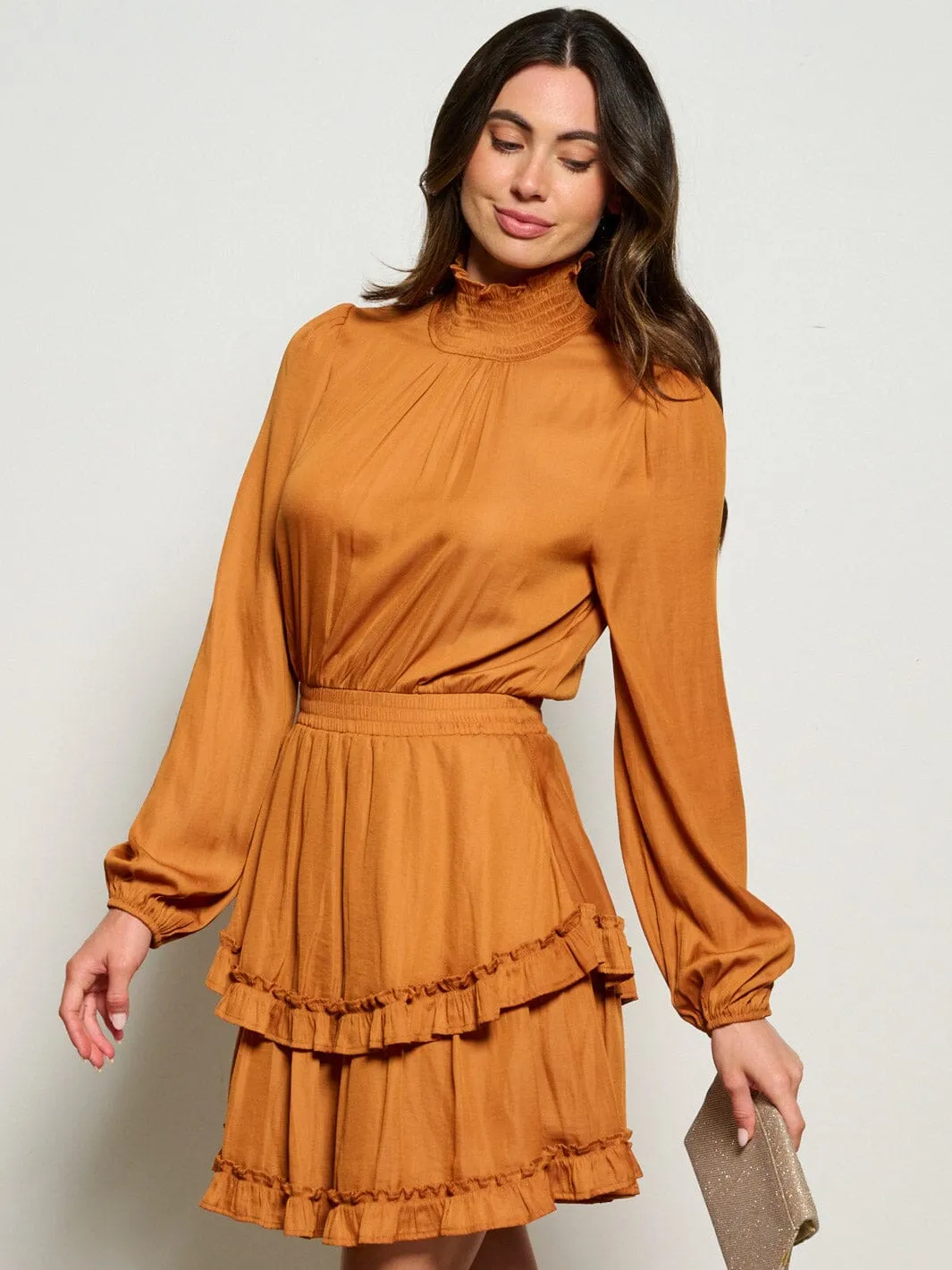 WOMEN'S LONG SLEEVE TURTLE NECK SMOCK WAIST RUFFLE  MINI DRESS