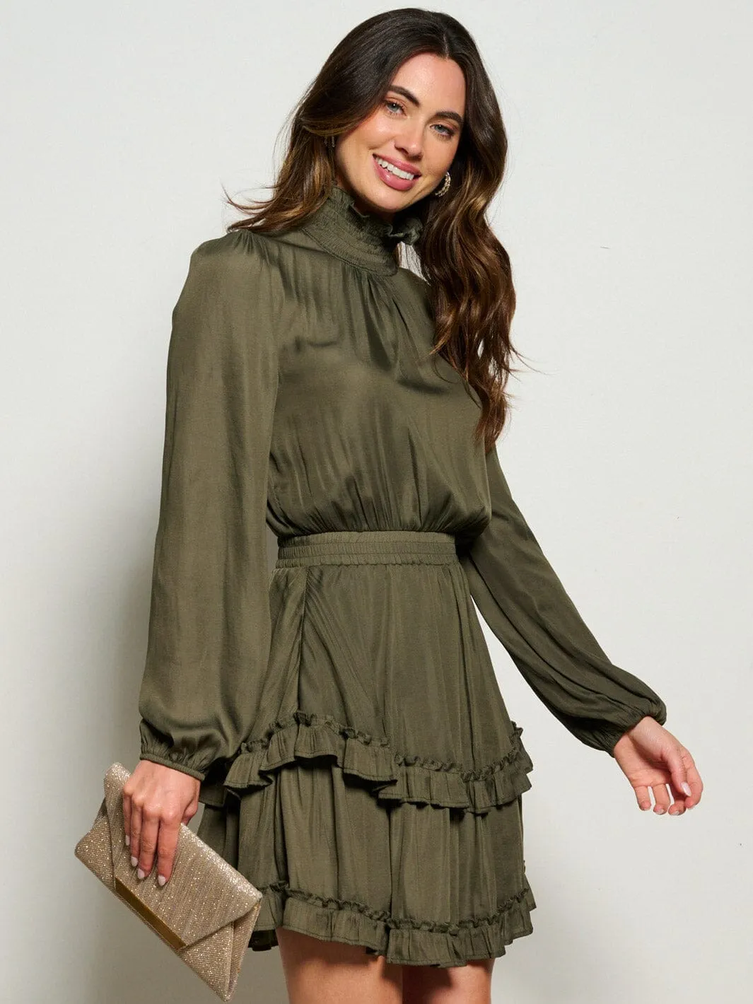 WOMEN'S LONG SLEEVE TURTLE NECK SMOCK WAIST RUFFLE  MINI DRESS