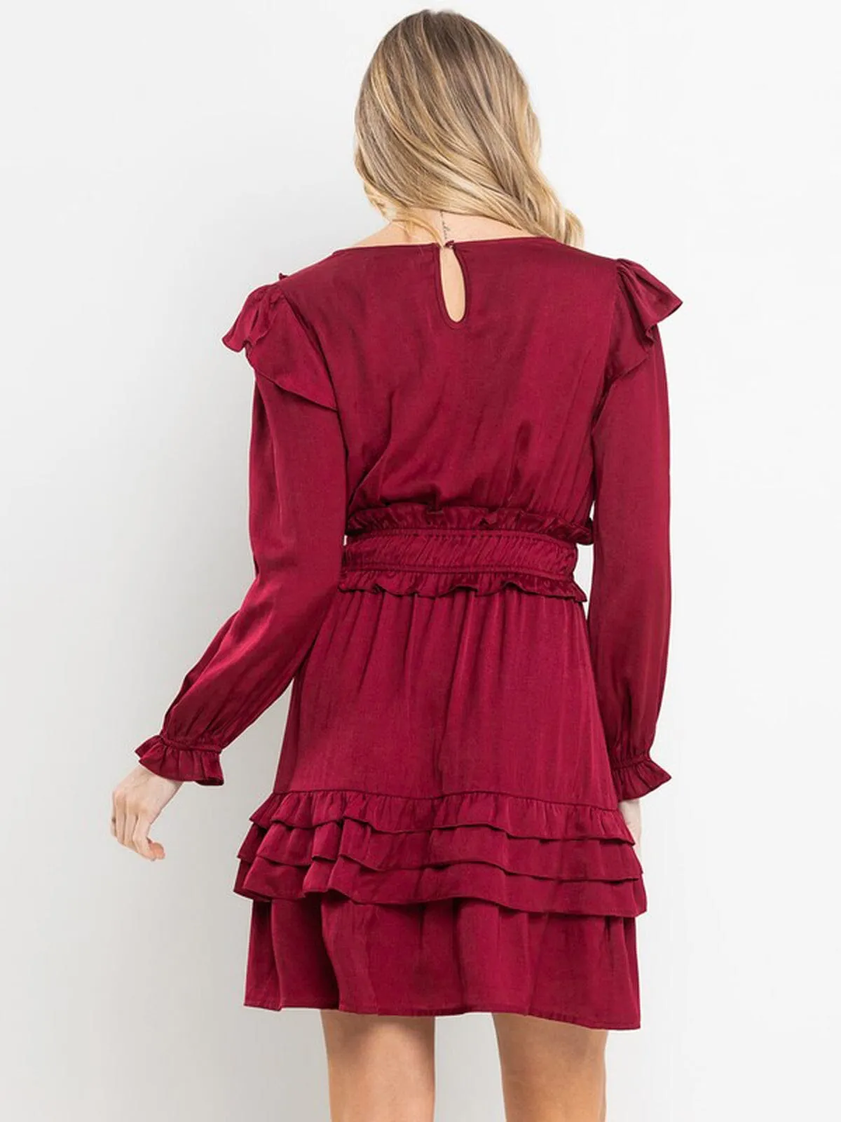 WOMEN'S LONG SLEEVE V-NECK SMOCK RUFFLE DETAILED MINI DRESS