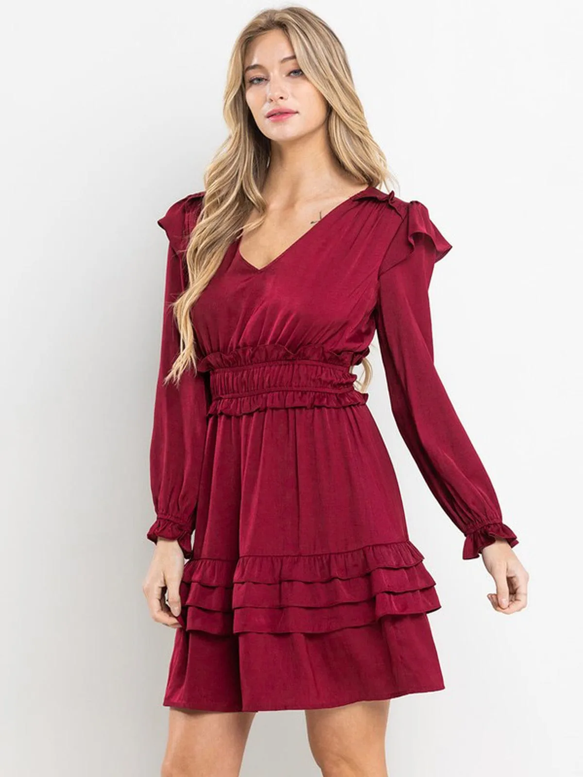 WOMEN'S LONG SLEEVE V-NECK SMOCK RUFFLE DETAILED MINI DRESS