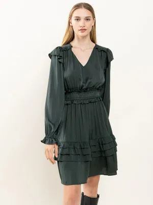 WOMEN'S LONG SLEEVE V-NECK SMOCK RUFFLE DETAILED MINI DRESS