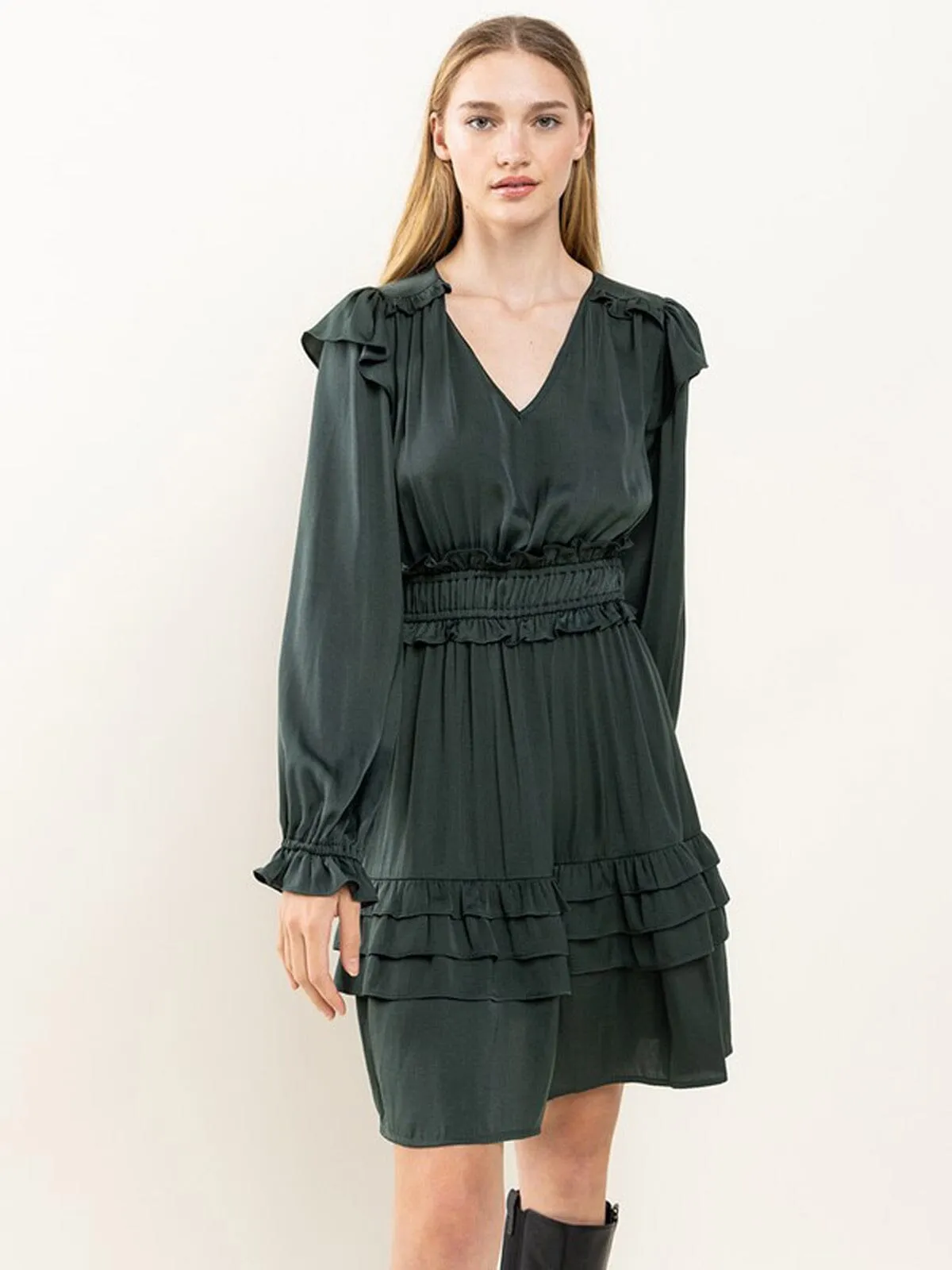 WOMEN'S LONG SLEEVE V-NECK SMOCK RUFFLE DETAILED MINI DRESS