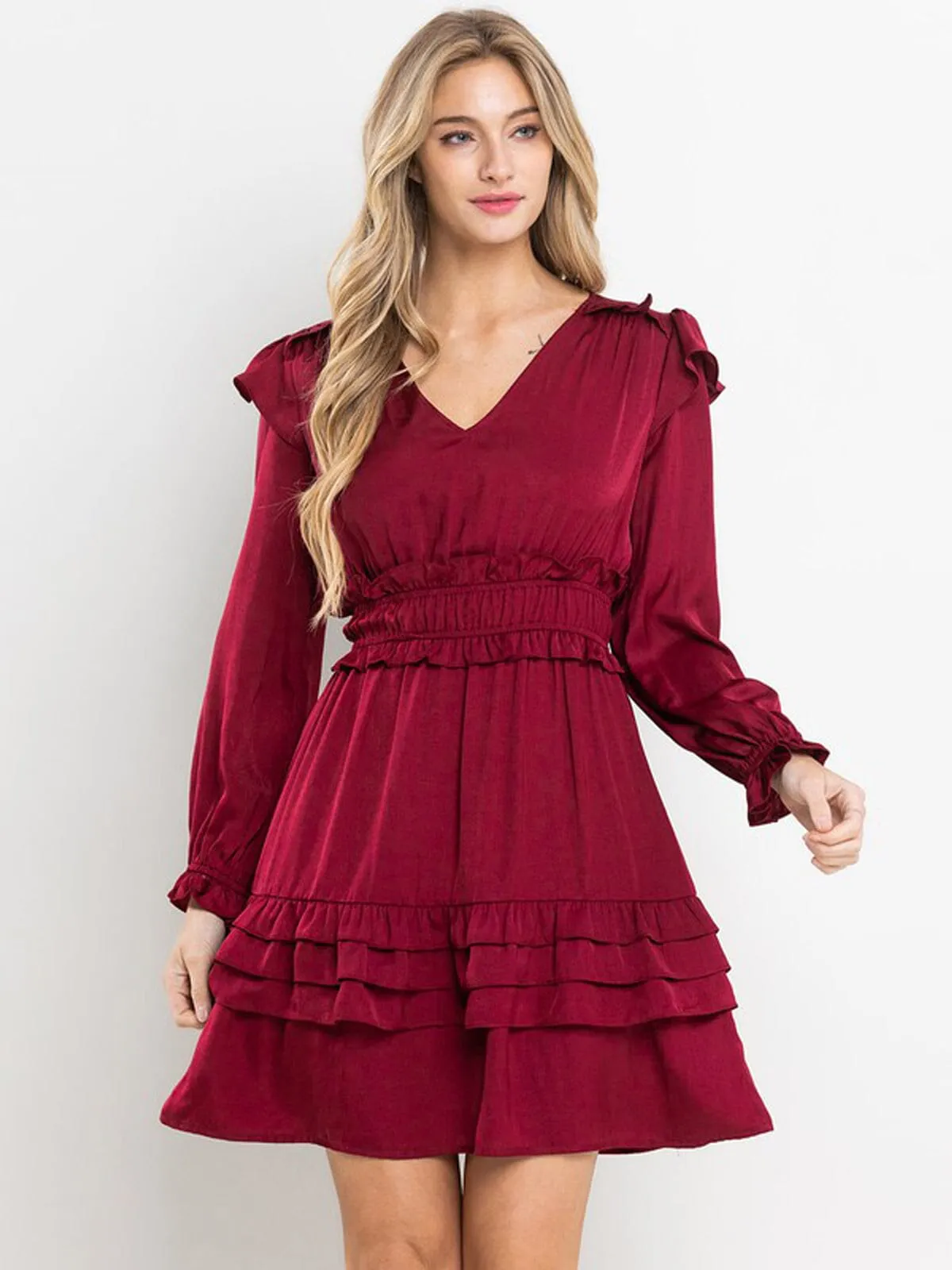 WOMEN'S LONG SLEEVE V-NECK SMOCK RUFFLE DETAILED MINI DRESS